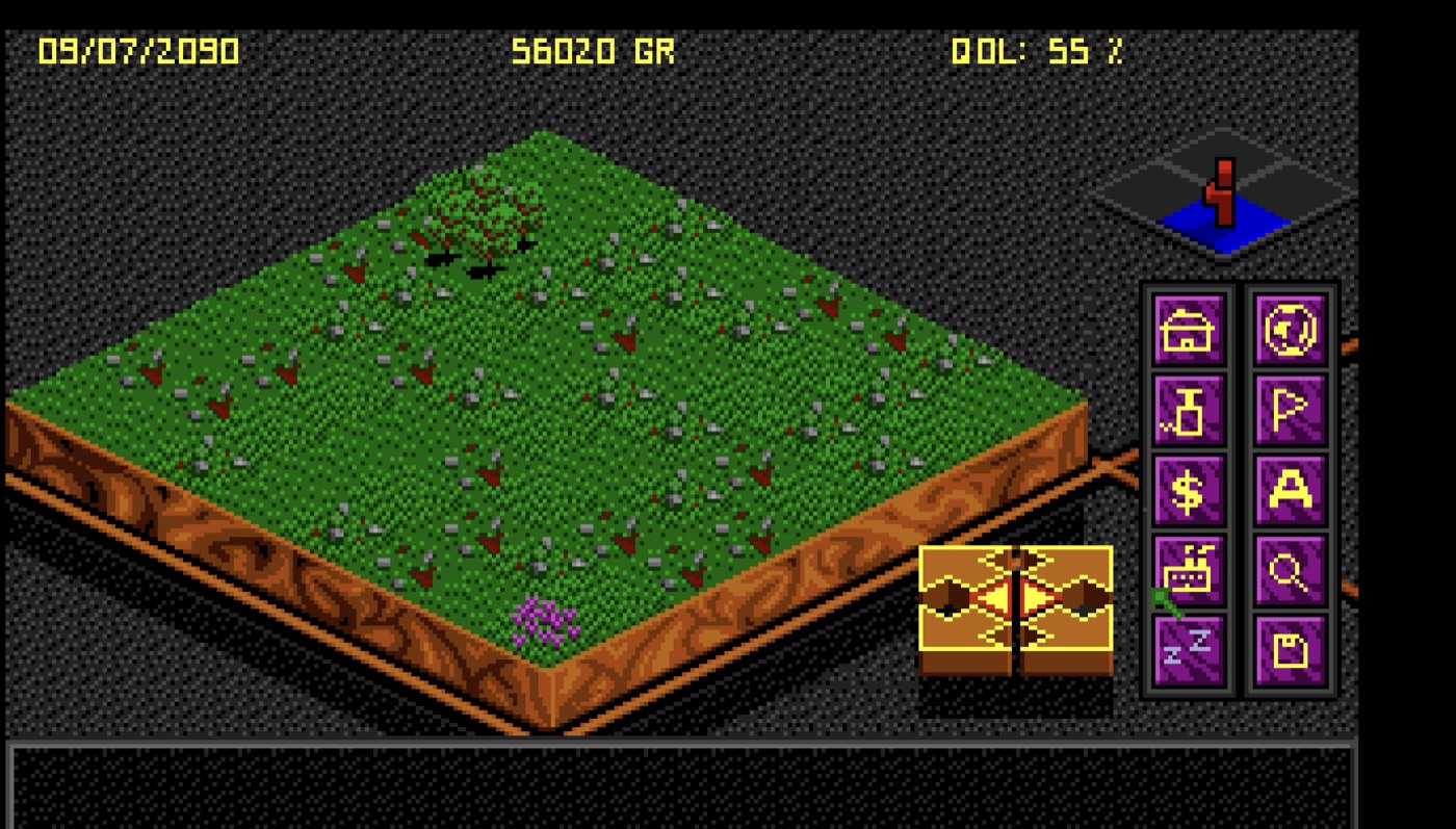 The Tended on the Amiga: green ground scattered with rock and low trees, the colony at first landing