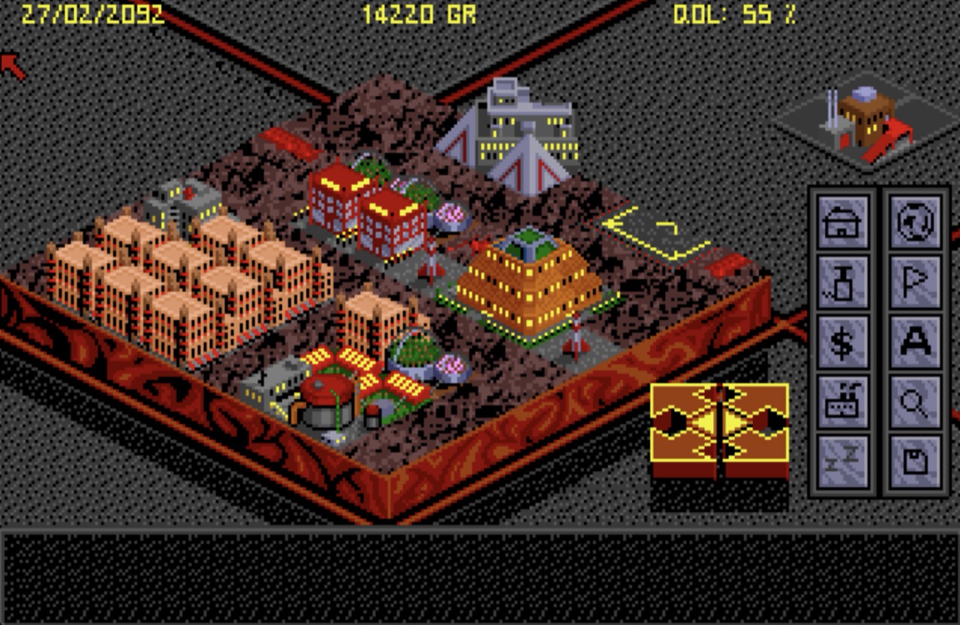 A Second Wave colony in play: habitats, a main building and hydroponics on dark ground, February 2092