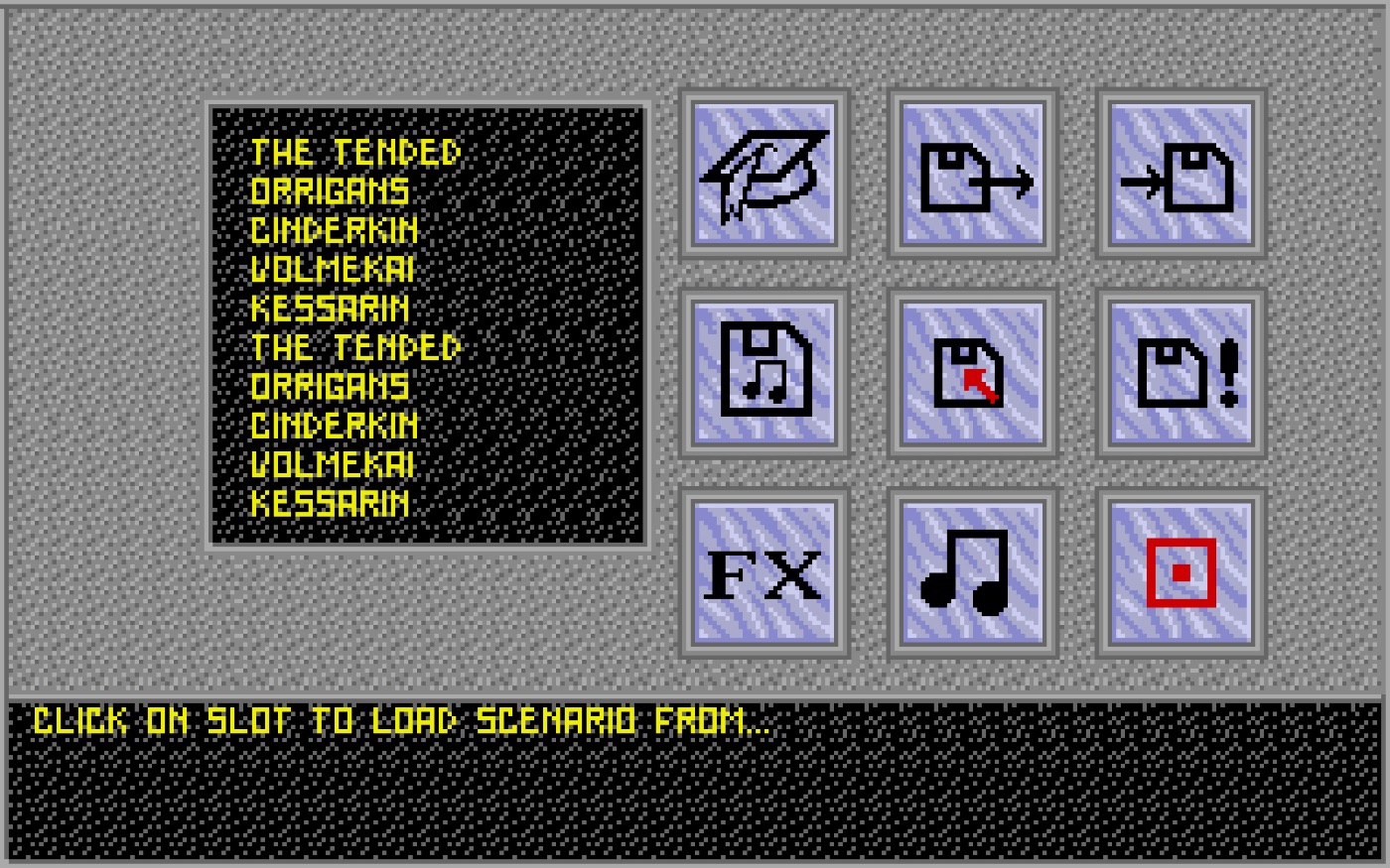 The scenario screen on the Atari ST, listing the pack's worlds loaded from the Second Wave disk
